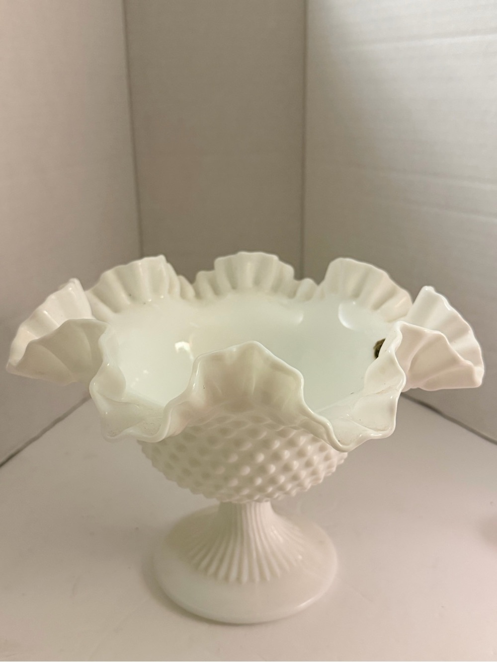 Fenton White Hobnail Ruffled Milk Glass Compote